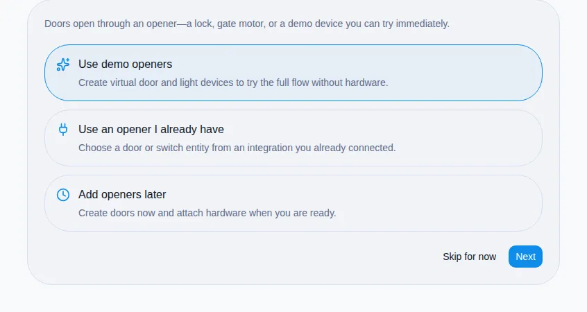Access setup wizard openers step.