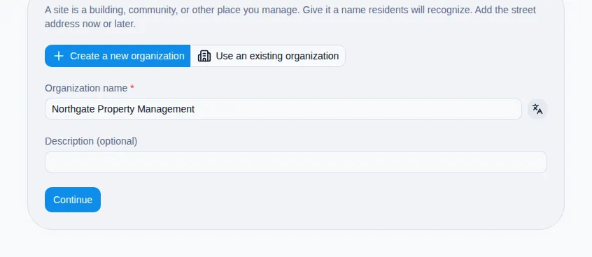 Access setup organization step, naming the organization that will own the site.