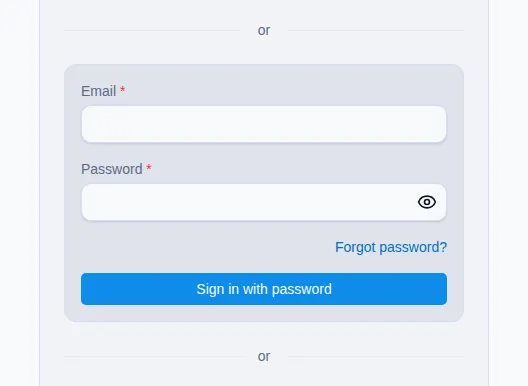 Dashboard sign-in page with email, password, and Sign in with password.