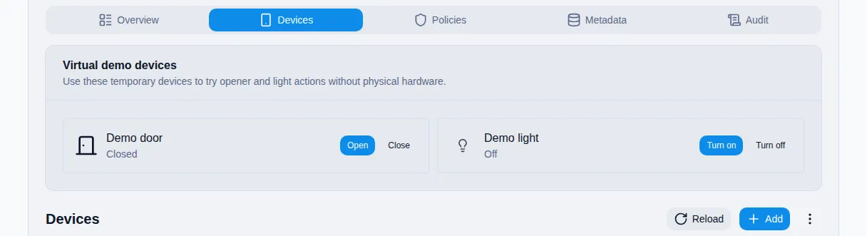 Virtual Demo Devices panel with Demo door and Demo light controls.