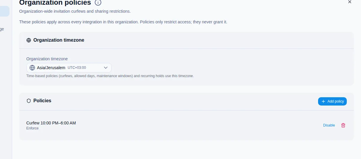 Settings Policies with organization timezone and org-tier policies.