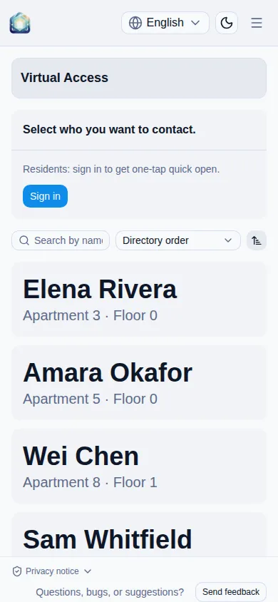 Public portal directory on a phone, listing several apartments a visitor can call, as a visitor who is not signed in.