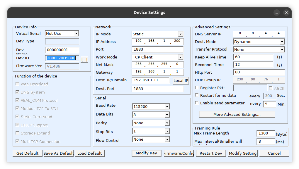 VirCom device settings dialog showing the Device Info section with Dev ID field